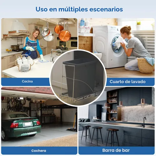 Vista 8 de Cubo de basura extraíble debajo del armario y debajo del fregadero - Organizador de cubo de basura deslizante ajustable para armario de servicio