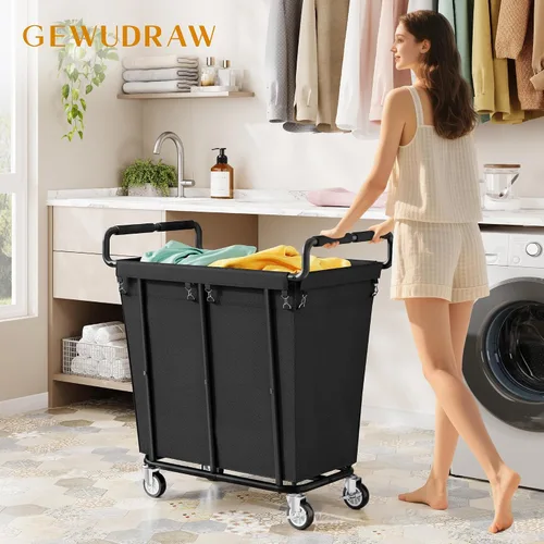 Vista 2 de Cesta de lavandería con ruedas, cesta de lavandería mediana de 250 litros para almacenamiento de ropa, carrito de lavandería resistente con asa Negro