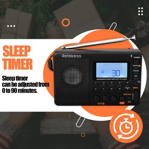 Vista 8 de Retekess Radio de onda corta V115, Radio Digital AM FM, receptor de onda corta con batería recargable de 1000 mAh, preajustes, reproducción