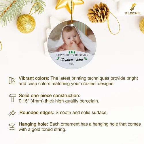 Vista 6 de FLOCHIL Adorno personalizado para la primera Navidad del bebé con nombre de foto, adorno personalizado para la primera Navidad, regalos para bebés