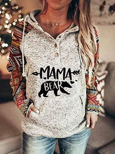 Vista 2 de Sudadera con capucha con estampado de letras de oso para mujer, manga de bloque de color rojo, con cordón para el día de la, Rojo