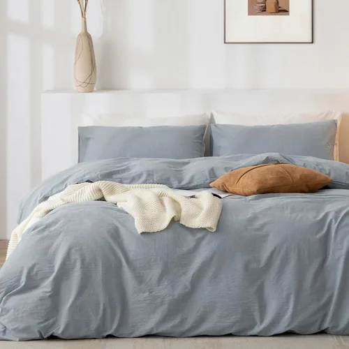 Vista 20 de Juego de funda de edredón Queen de 100% algodón lavado 3 piezas, ropa de cama suave, cómoda y transpirable con toque de lino, 1 funda de edredón y 2