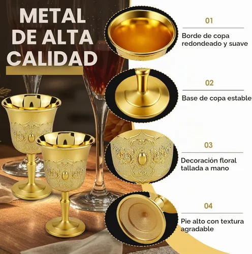 Vista 3 de 2 mini copas doradas – Copas de cáliz de altar sagrado, vasos de chupito de metal vintage para whisky, vino y comunión – Vasos retro de lujo