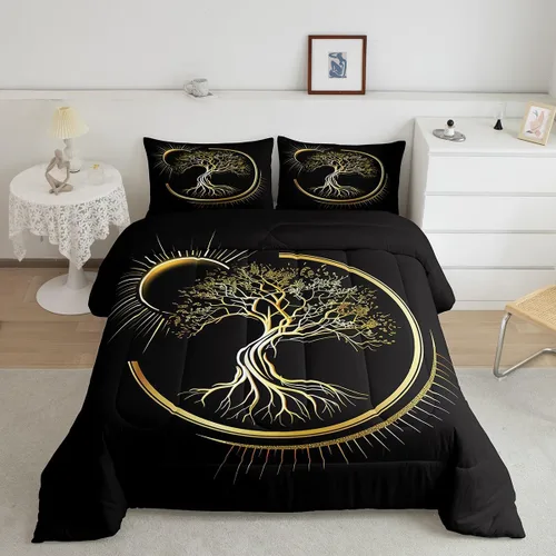 Vista 13 de Castle Fairy Juego de edredón con diseño de gato lindo para niños, tamaño twin, juego de ropa de cama con hojas de flores, luna, noche y cielo