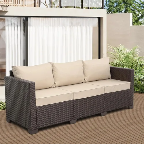 Vista 3 de Rattan Star Muebles de exterior, sofá de 3 plazas, sofá de mimbre marrón para exteriores, asiento profundo, respaldo alto, sofá de patio con cojines