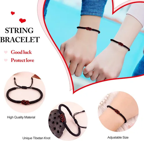 Vista 28 de Pulseras tibetanas hechas a mano con cuerda roja para él y ella, pulsera de la amistad, pulsera de la amistad, hilo negro y rojo para protección