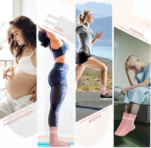 Vista 3 de Century Star Calcetines Grippy Pilates con agarre para mujer, calcetines largos antideslizantes con rayas para hospital, barre deportes