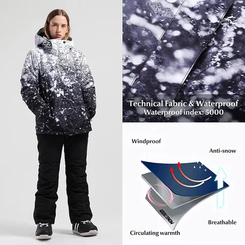 Vista 5 de Chaquetas y pantalones de esquí para mujer, para snowboard, abrigo cálido con capucha, impermeable, resistente al viento, aislado, Nieve