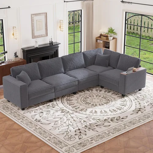 Vista 27 de Sofá seccional modular de 97 pulgadas con 5 asientos, sofá cómodo convertible en forma de L con almacenamiento en reposabrazos y dos almohadas