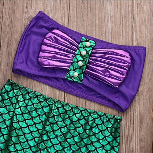 Vista 4 de 2PCS Toddler Kids Baby Girl Mermaid Tail Bikini Set, Wrap Chest Top + Fishtail Skirt Cover-Ups Dress Swimwear
