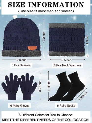 Vista 2 de Juego de 96 gorros de invierno a granel, bufanda, guantes y calcetines, gorro de punto con forro polar de invierno, gorro de punto holgado, gorro