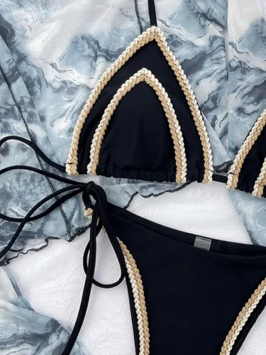 Vista 3 de SHENHE Conjunto de bikini triangular a rayas de 2 piezas para mujer, traje de baño de corte alto halter