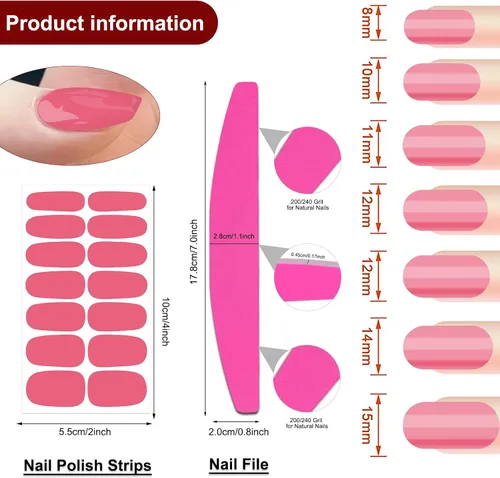 Vista 4 de 16 hojas de envolturas de uñas rosas para mujer, tiras de esmalte de uñas de color sólido, tiras de uñas de gel, autoadhesivas, calcomanías