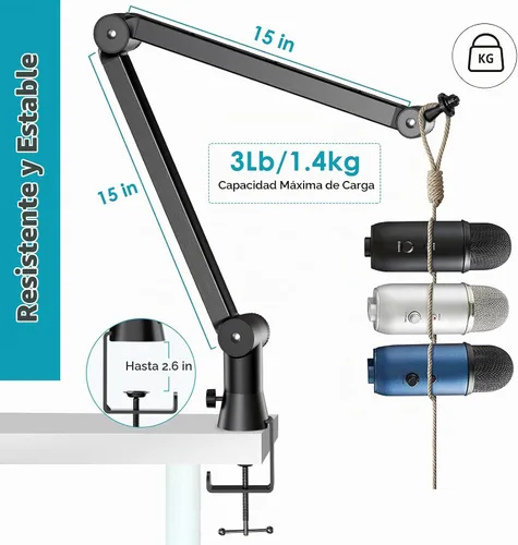 Vista 2 de Youshares Blue Yeti - Soporte de micrófono con filtro pop, brazo de micrófono de alta calidad, brazo de brazo resistente con gestión de cables