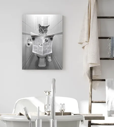 Vista 3 de kvtiwee retrato personalizado de mascota a partir de foto, arte de pared en lienzo de gato en el inodoro, arte de baño divertido en blanco y negro