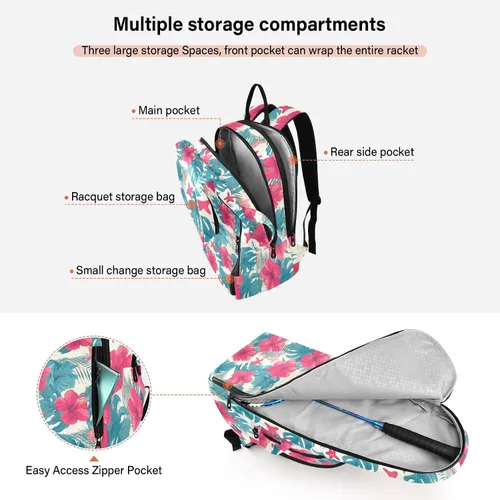 Vista 5 de Mochila de tenis para adultos, gran almacenamiento, hojas tropicales, flores de hibisco rojo, estrellas de mar, estilo hawaiano, bolsa de raqueta