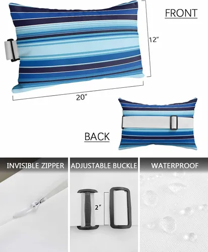 Vista 2 de Almohada reclinable para la cabeza con relleno, almohadas coloridas de estilo mexicano a rayas azul claro con correa ajustable, almohadas de patio