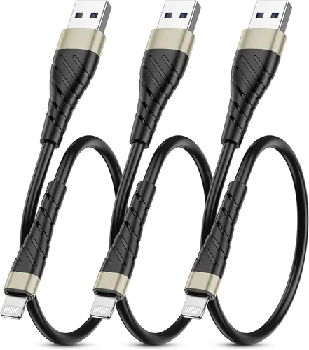 Vista 24 de Cable de carga corto con certificación MFi para iPhone, paquete de 3 unidades de 1 pie, 12 pulgadas para cable de carga Lightning, cable de datos