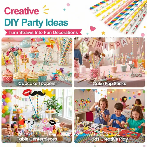 Vista 6 de HAKACC 180 popotes de papel para beber, 9 patrones diferentes, pajitas de fiesta desechables para cumpleaños, bodas, vacaciones, decoraciones