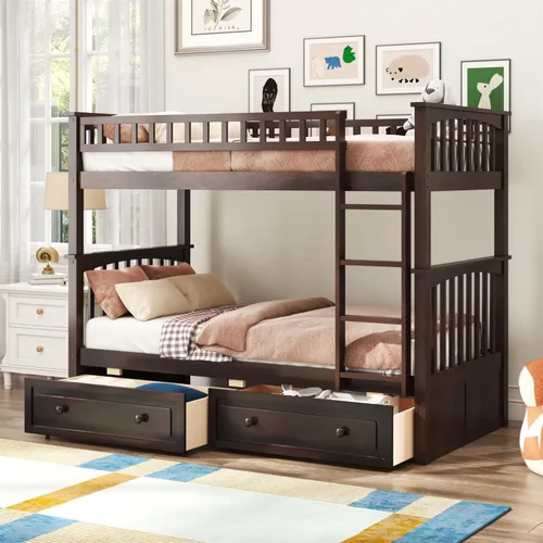 Vista 16 de Merax Litera individual sobre matrimonial con dos cajones de almacenamiento, litera convertible que se puede convertir en dos sofás cama (expresso)