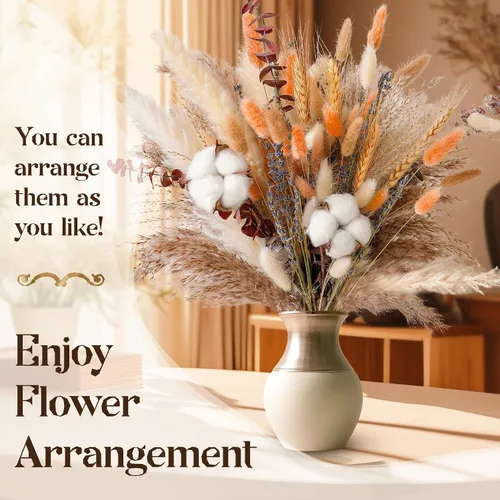 Vista 5 de Ramo de flores secas de otoño, decoración de otoño bohemia con hierba de pampas, algodón y colas de conejo naranja, arreglo floral de otoño