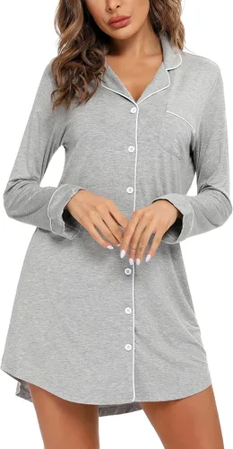 Vista 29 de Samring Camisón de pijama para mujer, manga corta/larga, con botones, camisón para dormir, camisón para novio, talla XXL