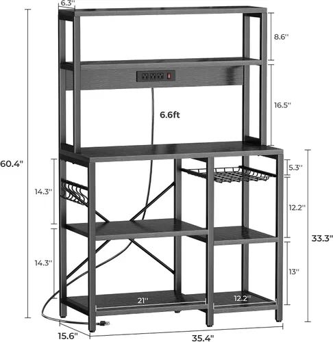 Vista 3 de SUPERJARE Estante de panadería con toma de corriente, barra de café de 35.4 pulgadas con canasta de alambre, soporte para microondas de cocina con 6