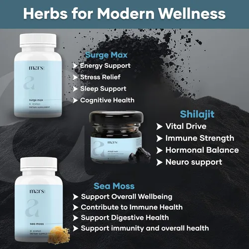 Vista 2 de mars by GHC Performance Plus Combo: Tapas Surge Max, Resina Shilajit pura del Himalaya, Shilajit natural con tapas de semillas negras y tapas