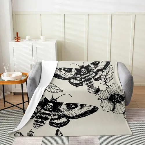 Vista 2 de Manta de Franela de Polilla de la Muerte para Niños, Niñas y Adultos, Manta de Vellón Gótica de Calavera de la Muerte Manta Térmica, Manta Bohemia