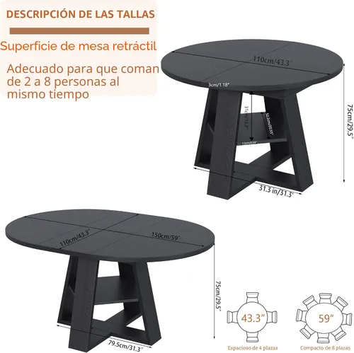Vista 2 de Mesa de comedor redonda extensible de 43.3 a 59 pulgadas para 4 a 8, moderna mesa de comedor ovalada de cocina con hojas extraíbles, ahorro