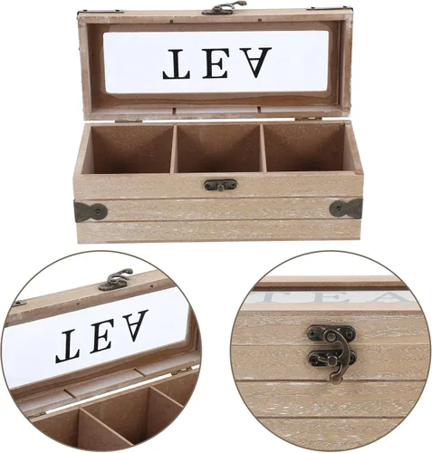 Vista 8 de Wood Tea Bag Storage Chest with Lid, 3 Compartments Organizer Box