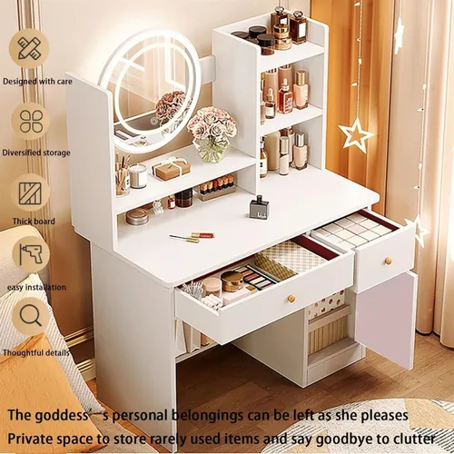 Vista 5 de MONGMON Tocador, mesa de maquillaje con cajones, escritorio de tocador con espejo y luces LED, 3 modos de iluminación, escritorio de maquillaje