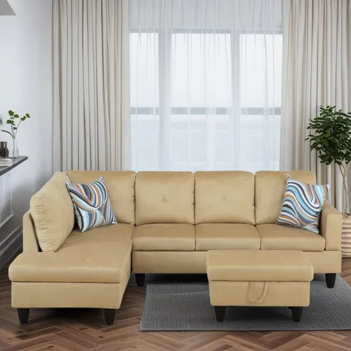 Vista 3 de Sofás en forma de L para sala de estar, muebles de sofá seccional para sala de estar con otomana de almacenamiento, sofá seccional modular con Beige