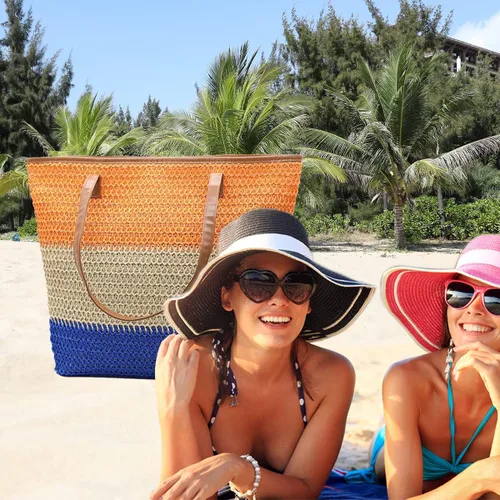 Vista 112 de Bolso grande de paja para mujer, tejido de ratán, bolso de playa de verano, a rayas