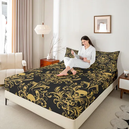 Vista 5 de Sábanas de cama góticas de damasco para adultos, sábana bajera ajustable victoriana antigua, sábanas góticas florales vintage, juego de ropa de cama