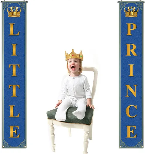 Vista 4 de Decoración de baby shower de príncipe real para niño, principito, pancarta de porche azul y dorado, corona de príncipe pequeño, decoración