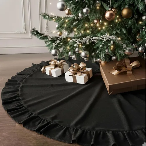 Vista 12 de Faldones de Felpa para Árbol de Navidad, 24 pulgadas, Lujosa Cubierta de Base de Árbol de Navidad de Piel Sintética Negra con Copos de Nieve Dorados