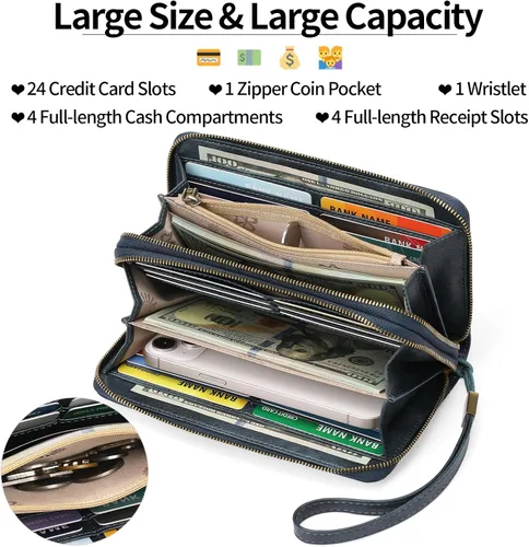 Vista 2 de GAEKEAO Cartera de mano para mujer, con bloqueo RFID, de piel, de gran capacidad, con correa de mano