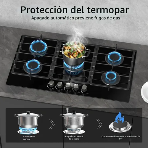Vista 6 de Estufa de Gas de Propano de 36 Pulgadas, Estufa de Gas Empotrada de 5 Quemadores con Panel de Vidrio Templado, Placa de Cocina de Propano