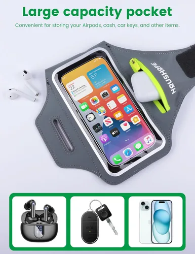 Vista 5 de Brazalete para correr con brazalete de teléfono celular para iPhone 17 16 Pro 15 14 13 Plus XR XS, Galaxy S24/S10 resistente al agua Funda