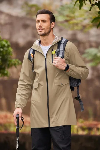 Vista 36 de COOFANDY Chubasquero largo para hombre, chaqueta impermeable para exteriores, con capucha