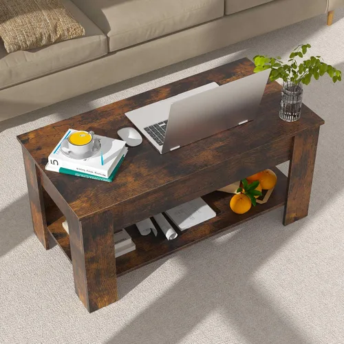 Vista 8 de Mesa de centro elevable con almacenamiento para sala de estar, mesa consola de madera rústica, mesa de té central de escritorio oculta para muebles