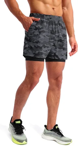 Vista 3 de Pudolla Mens 2 in 1 Running Shorts 5" Quick Dry Gym Athletic Workout Shorts for Men with Phone Pockets