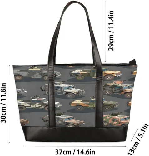 Vista 2 de Cartoon Military Vehicle Pattern Canvas Computer Bag for Women, 15.6 Inch Laptop Tote Bag with Leather Handle, Large Capacity Shoulder Work Bag for
