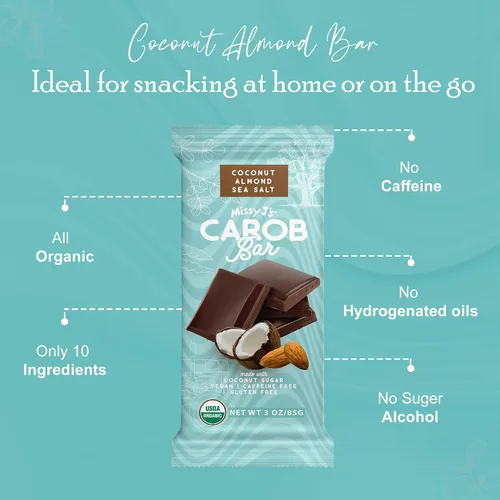 Vista 7 de Missy J's Barras orgánicas de coco y almendra, paquete de 2, algarroba hecha con azúcar de coco, veganas y sin gluten, sustituto saludable sin