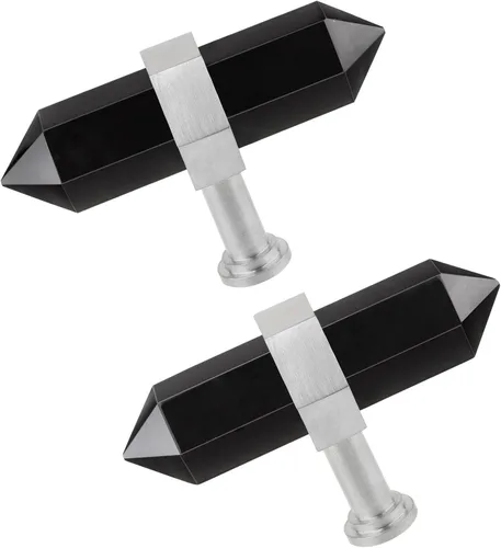 Vista 13 de TUMBEELLUWA Paquete de 2 pomos de cristal de obsidiana negra con tornillos, tiradores hexagonales de latón cepillado para cocina y decoración