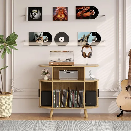 Vista 2 de GarveeHome Large Round Record Player Stand with Charging Station and USB Ports, Mid-Century Rustic Vinyl Record Player Turntable Stand Storage