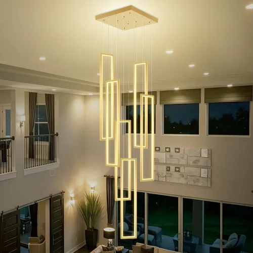 Vista 17 de Flashing God Candelabro moderno, candelabros cromados con 6 anillos LED, lámpara de techo alto más grande para sala de estar, lámpara rectangular