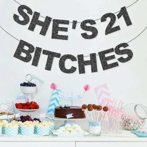 Vista 5 de Decoraciones de 21 cumpleaños para ella – NO DIY – She's 21 Bitches Negro Glitter Banner divertido Feliz 21 cumpleaños fiesta cartel decoración