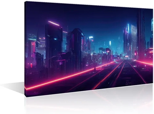 Vista 33 de 1 panel de cuadros de la ciudad de Cyberpunk, arte de pared, representación de vallas publicitarias, edificios modernos en la capital con obras